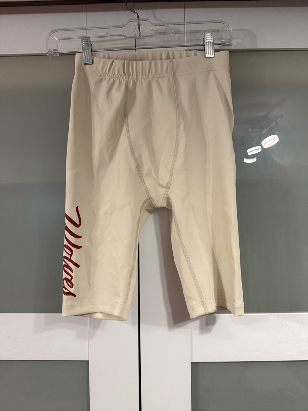 Darc Sport Men's Athletic Compression Shorts in Cream with Red Script